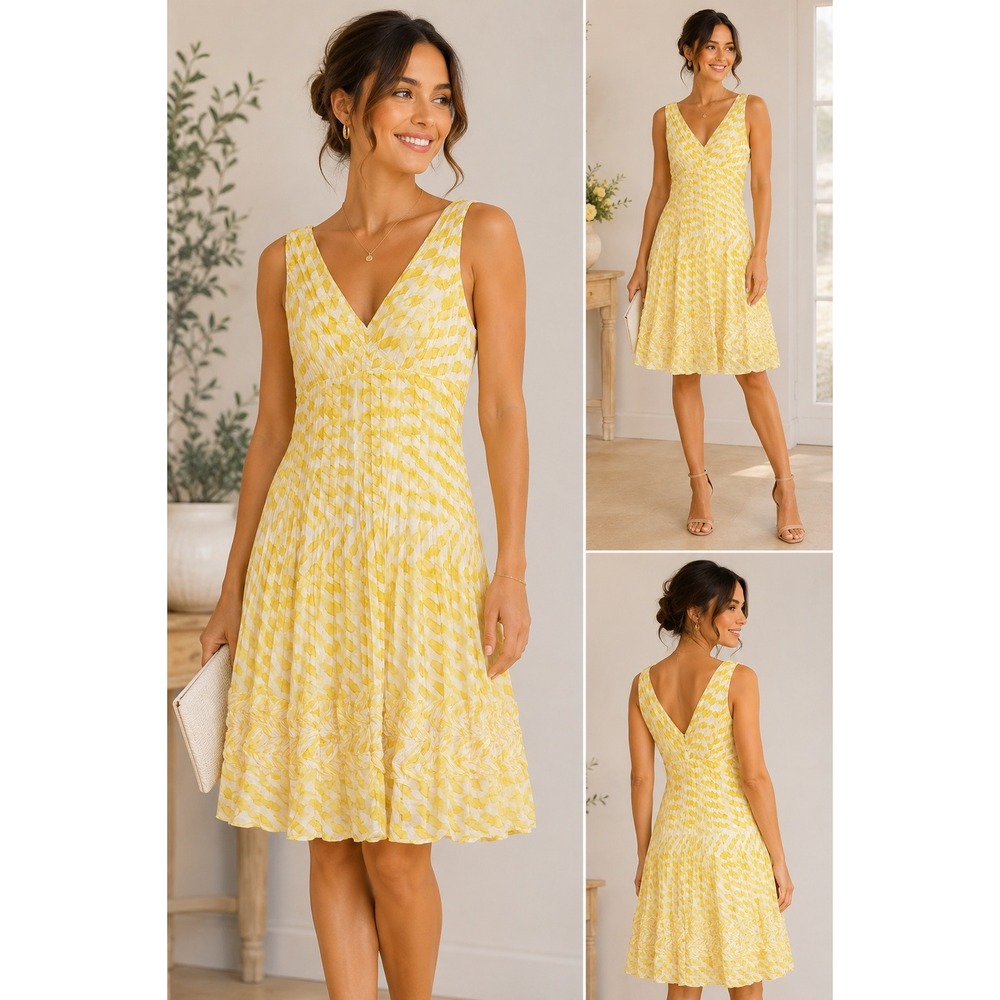 Suzie Chin Maggy Boutique Yellow‎ White Silk Blend Pleated Dress Size 6